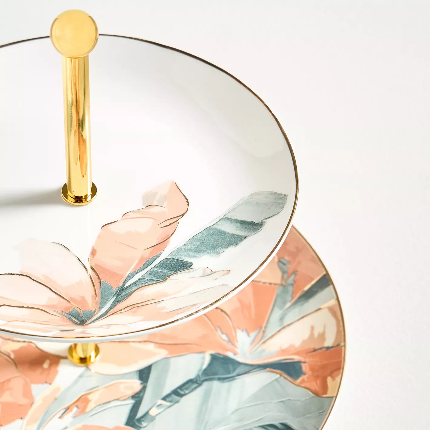 Chic Two-Tiered Botanical Cupcake Stand – Modern Porcelain Dessert Server with Gold Accents