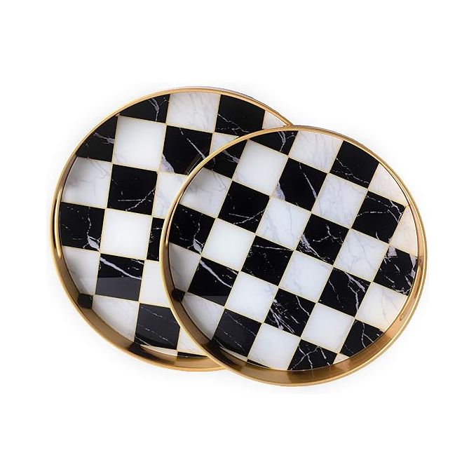 Chic Checkers: Black & White Glass Tray With Metal Gold Rim (Single)