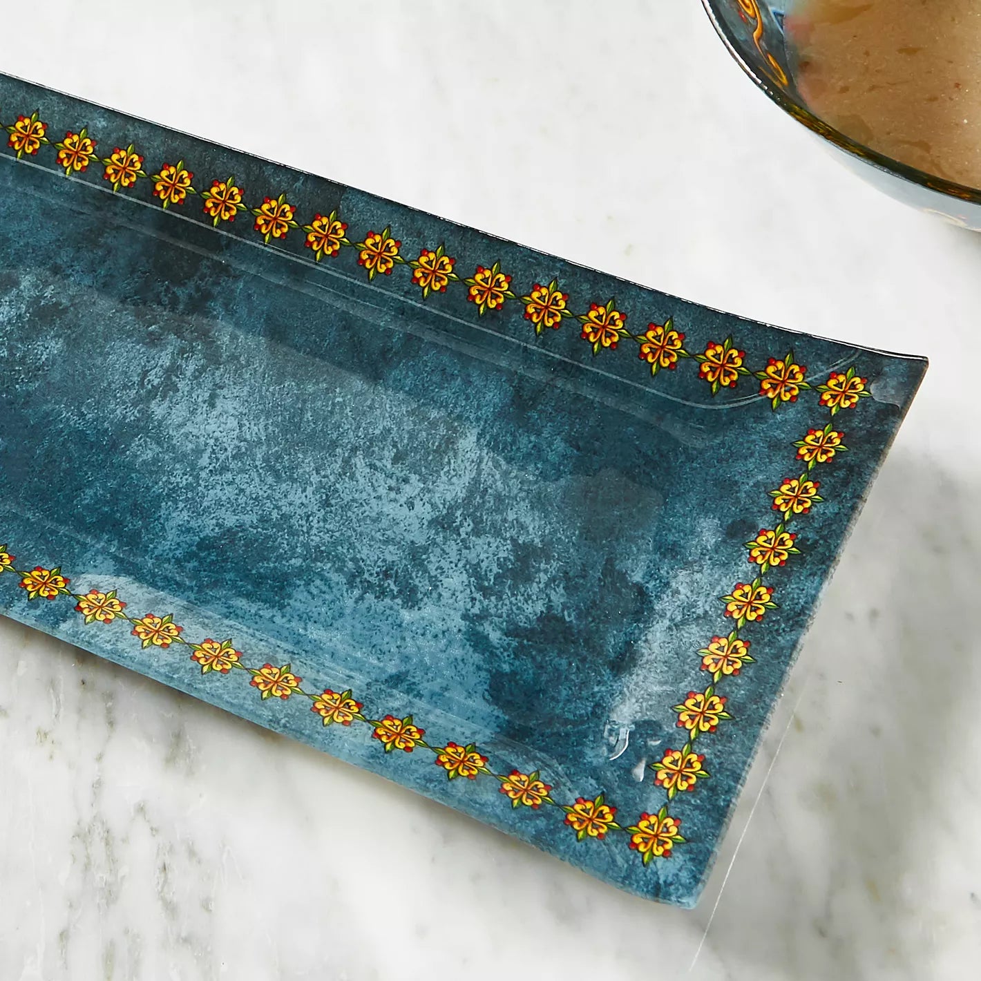 Artisanal Blue & Gold Rectangular Serving Tray – Hand-Painted Decorative Platter for Entertaining