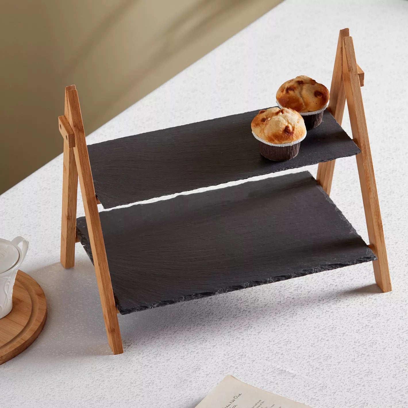 Modern Rustic 2-Tier Slate & Wood Serving Stand – Versatile Display for Appetizers, Desserts & Decor