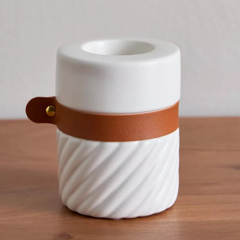 "Terra Glow" Ceramic & Leather Candle Holder