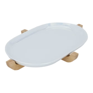 Organic Modern: Oval Ceramic Serving Platter with Wooden Base