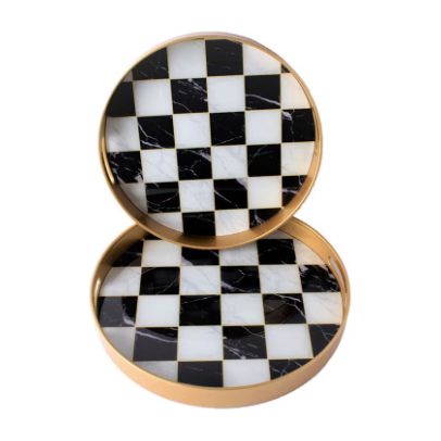 Chic Checkers: Black & White Glass Tray With Metal Gold Rim (Single)