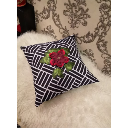 Geo Bloom: Black & White Lattice Cushion cover with Red Floral Appliqué