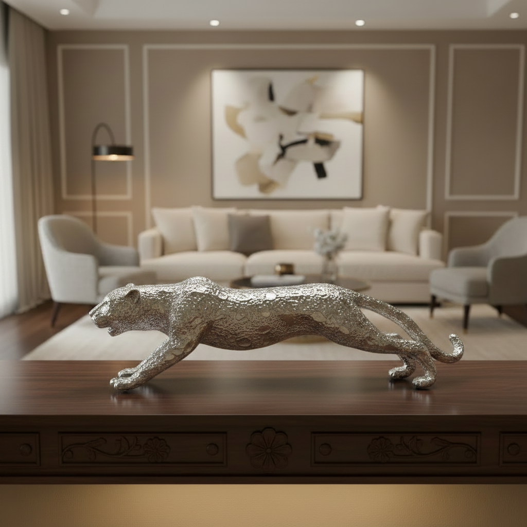 A metallic silver leopard figurine sculpture displayed on a dark wooden console table in a modern, elegant living room setting.