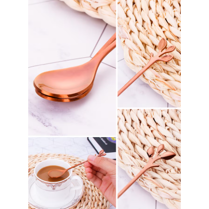 Elegant Rose Gold Leaf Design Teaspoons (Set of 6) – Stainless Steel Stirring Spoon Set Rose Gold