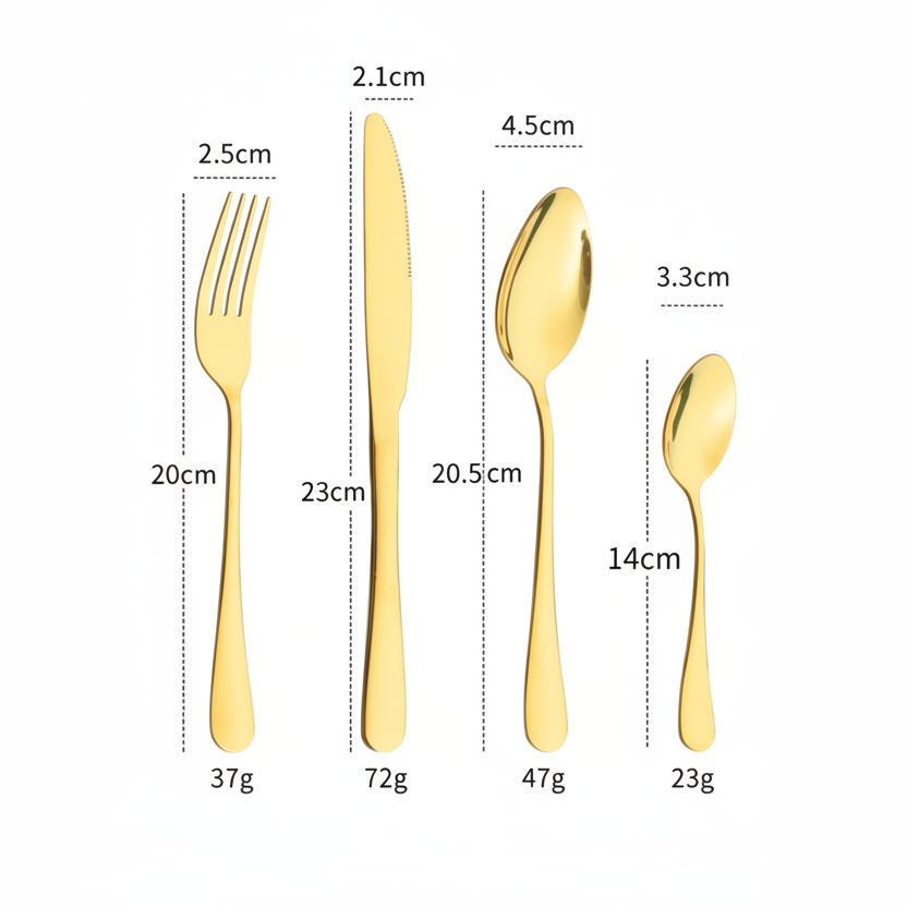 Gold cutlery set with measurements on a white background
