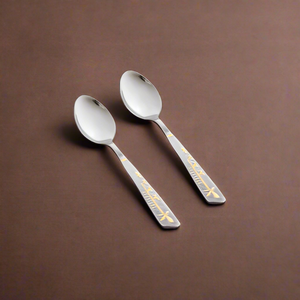 Elegant Stainless Steel Dessert spoons Set with Gold Motif - 12 Piece Cutlery Collection