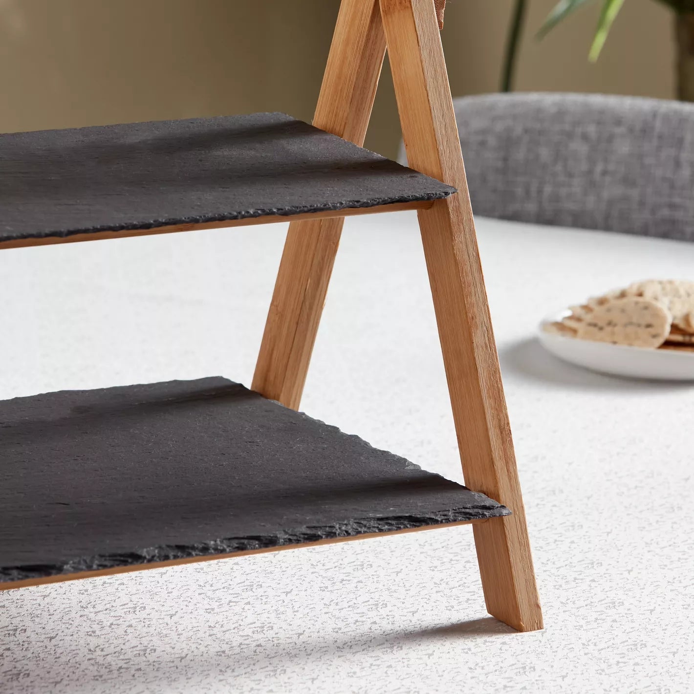 Modern Rustic 2-Tier Slate & Wood Serving Stand – Versatile Display for Appetizers, Desserts & Decor