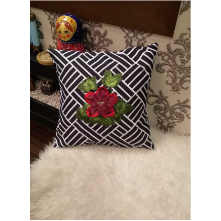 Geo Bloom: Black & White Lattice Cushion cover with Red Floral Appliqué