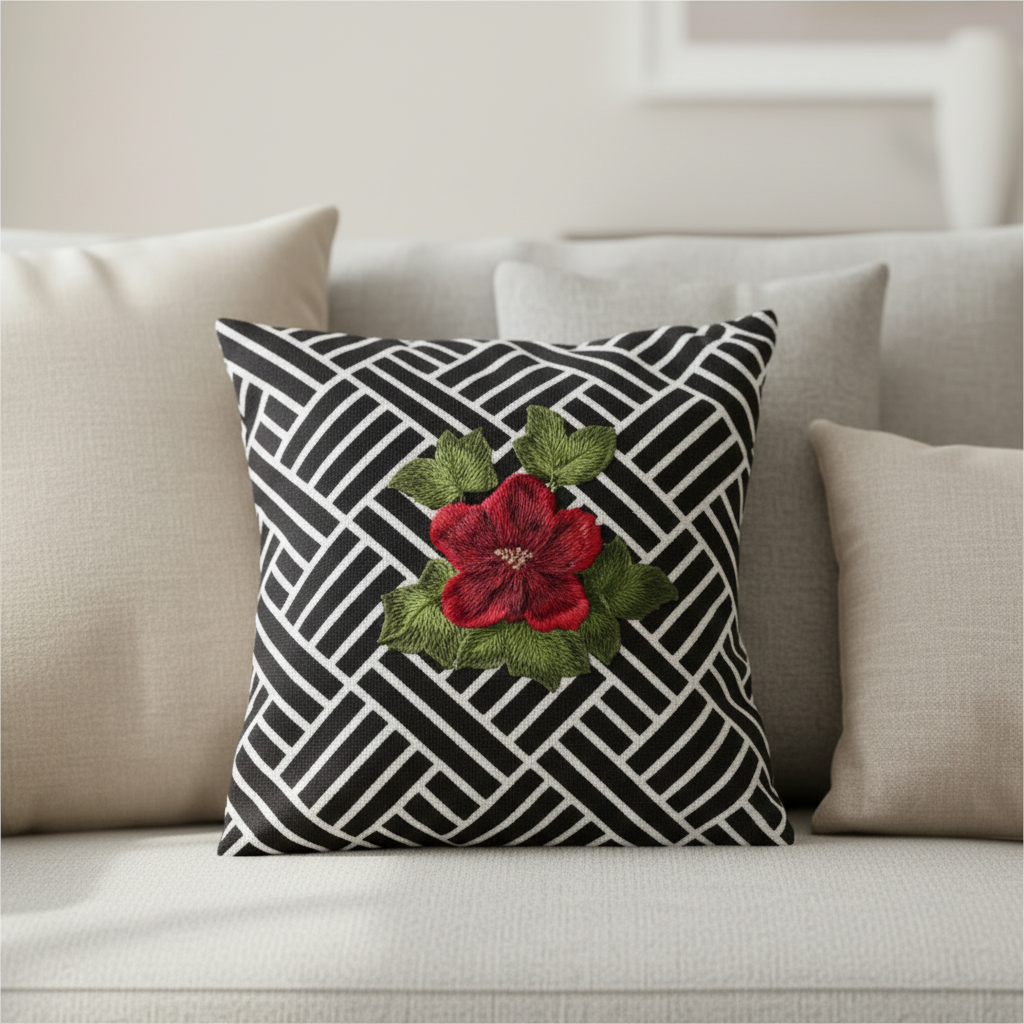 Decorative pillow with floral design on a beige sofa