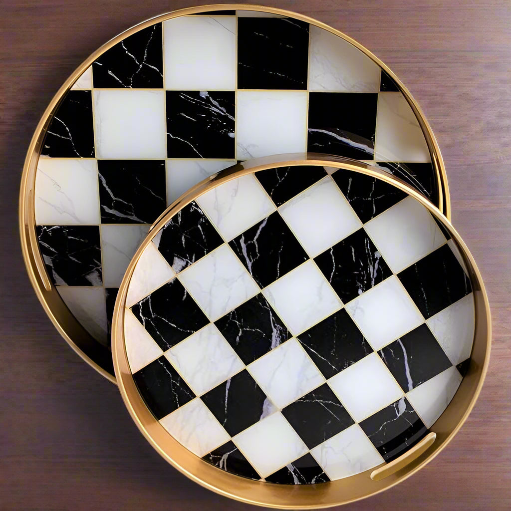 Chic Checkers: Black & White Glass Tray With Metal Gold Rim (Single)