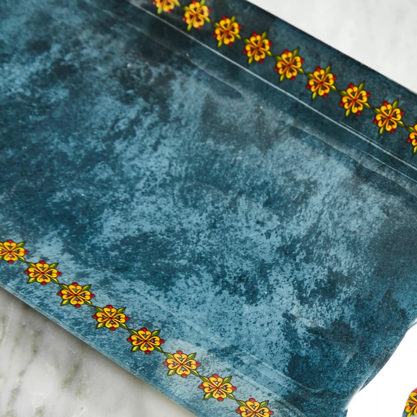 Artisanal Blue & Gold Rectangular Serving Tray – Hand-Painted Decorative Platter for Entertaining