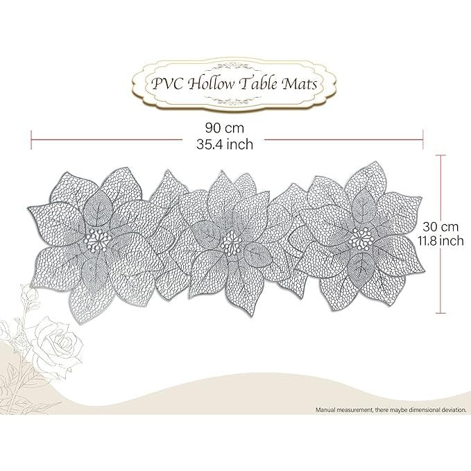 Elegant Silver PVC Floral Cutout Table Runner – Decorative Hollow Lace Design for Modern Dining