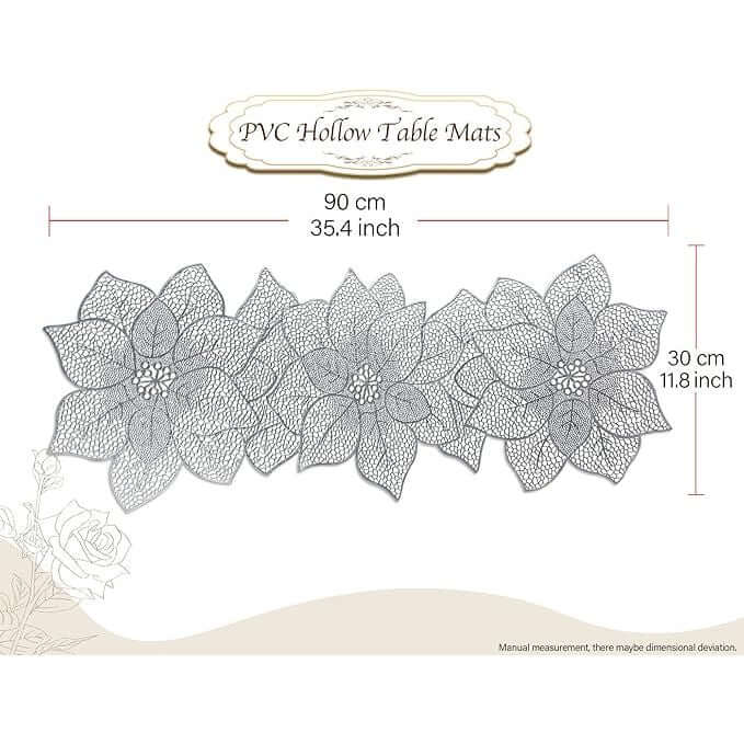 PVC Hollow Table Mats with floral design and measurements on a white background