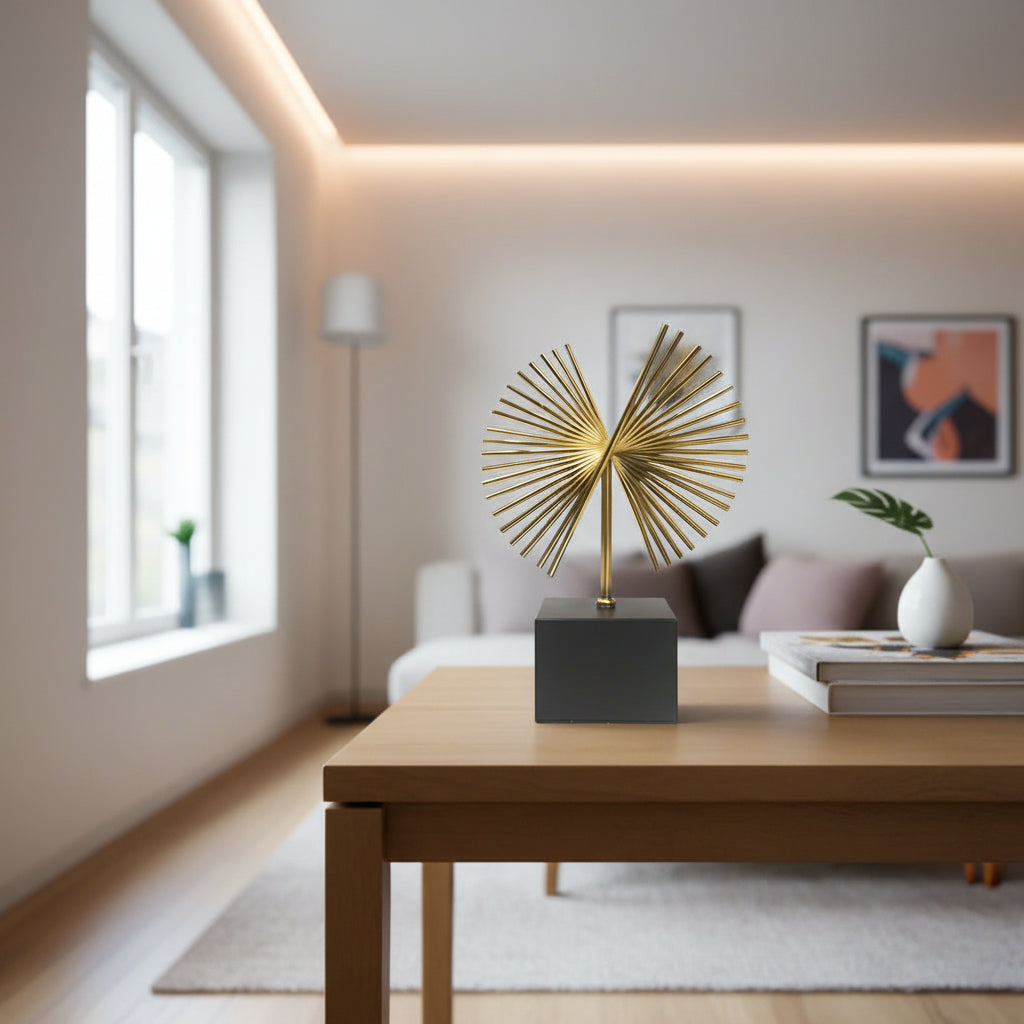 Decorative gold sculpture on a black base in a room setting
