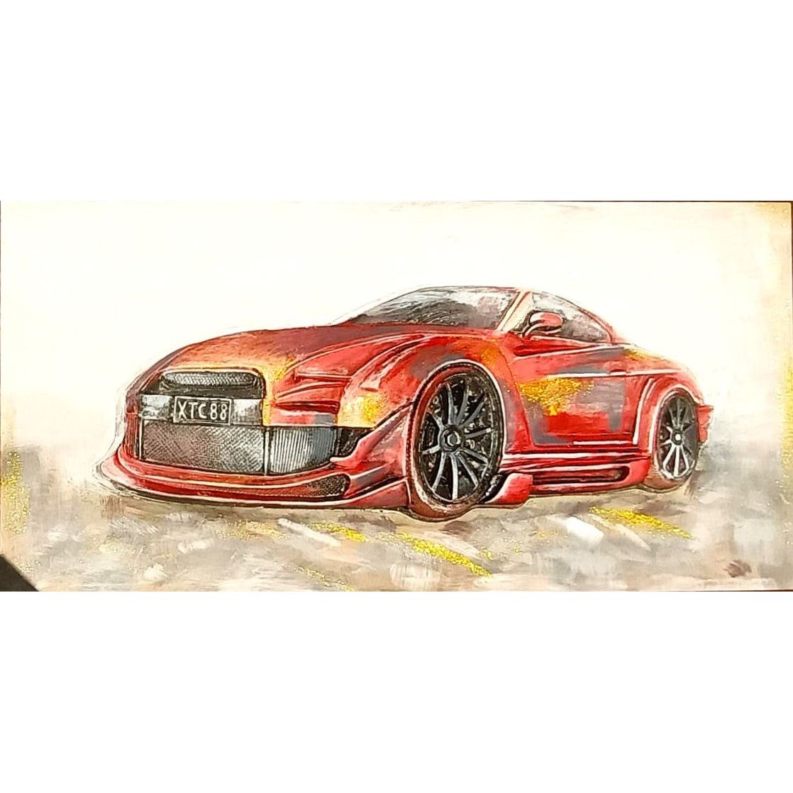 Velocity in Gold: Red Sports Car Art with Glimmering Accents