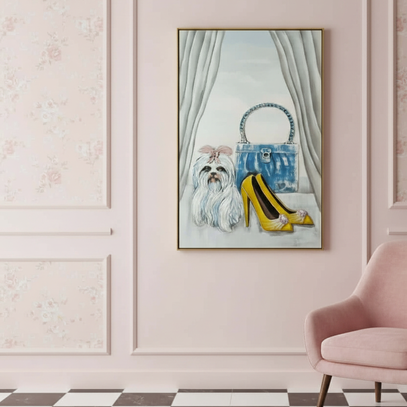 Framed artwork of a dog and handbag on a wall with a checkered floor and pink chair.