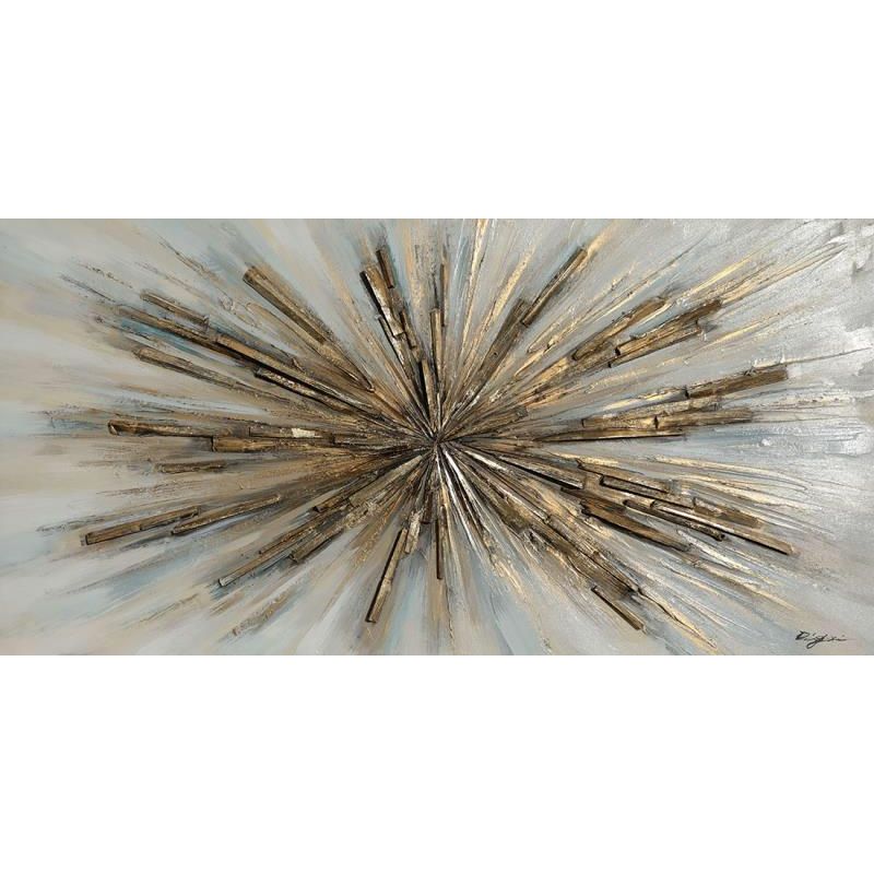 A textured abstract focal point artwork with dynamic, radiating lines in metallic tones of gold and bronze, creating a sense of energy and movement.