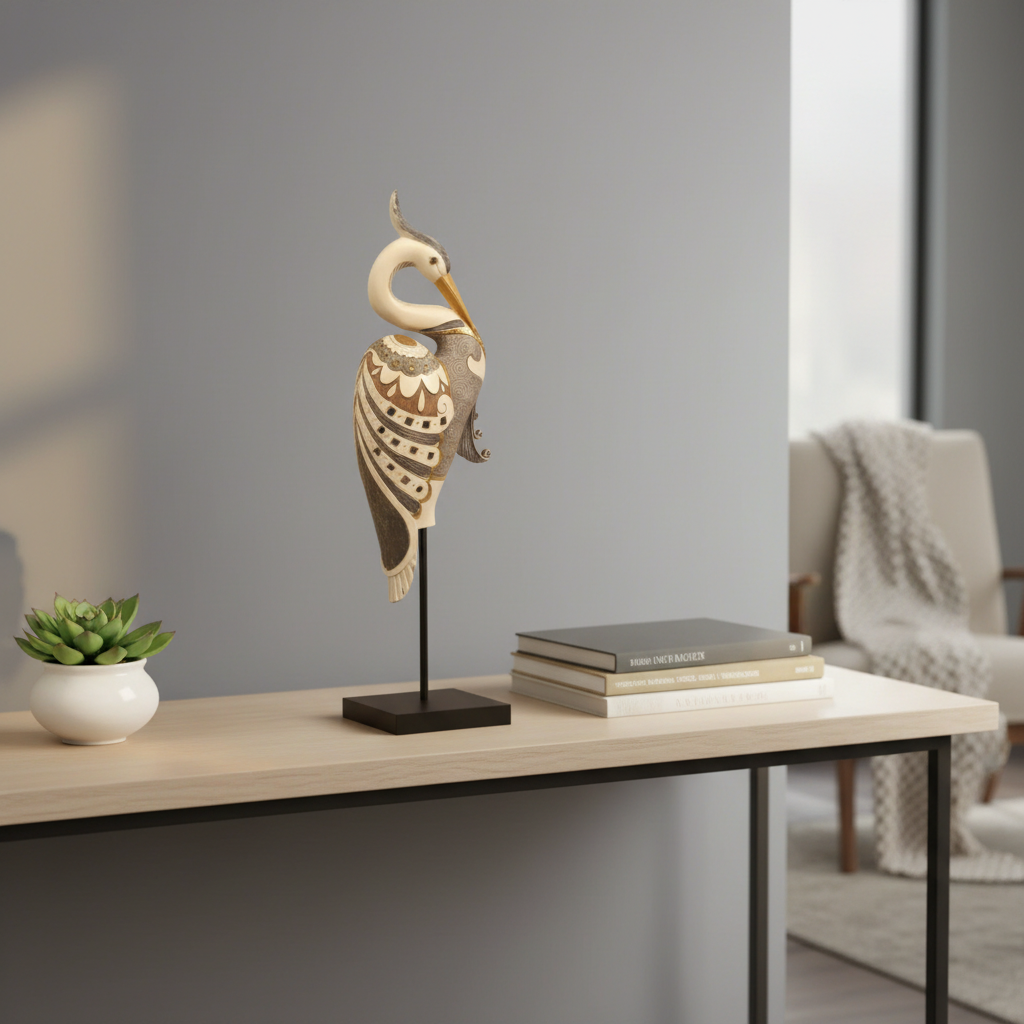 Decorative bird sculpture on a stand next to books on a table with a plant in the background.