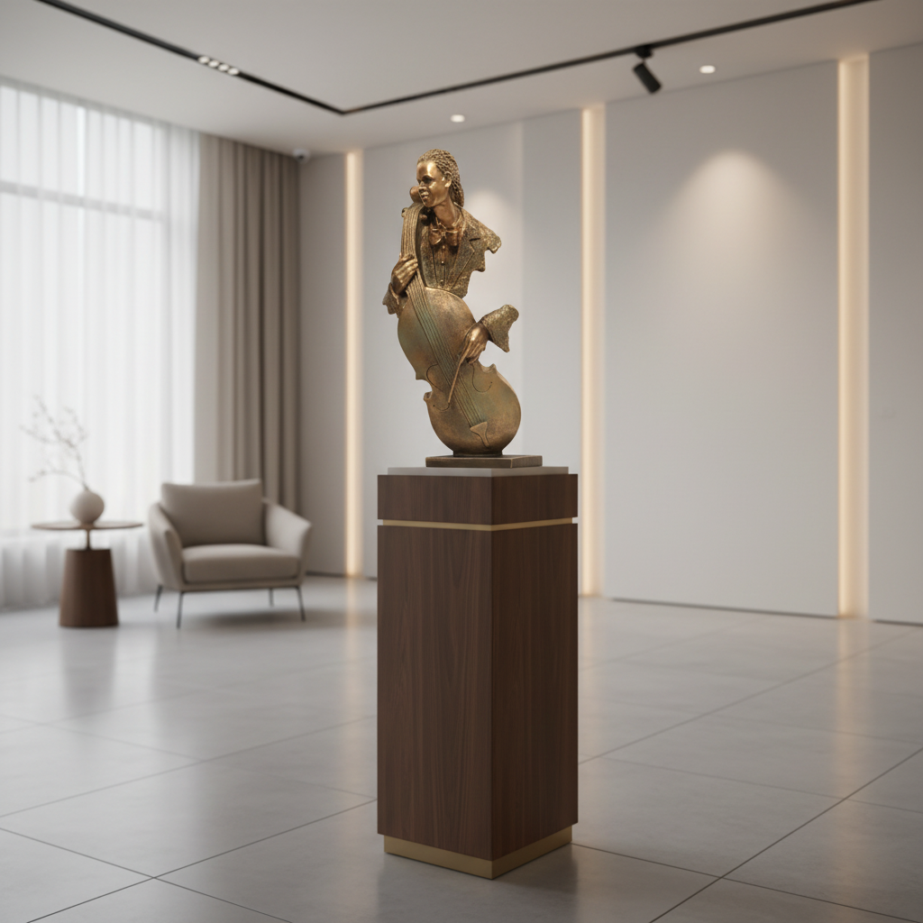 Bronze sculpture on a wooden pedestal in a modern room with a couch and table.