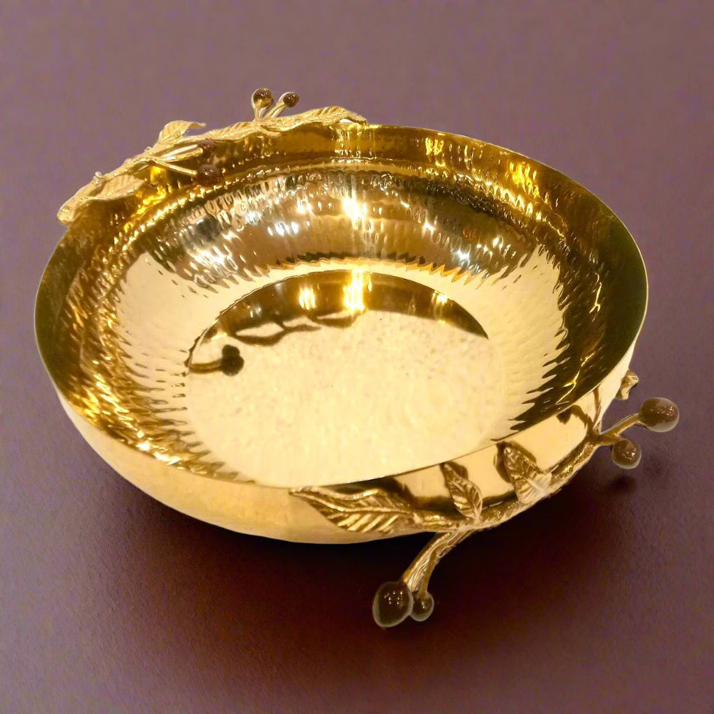 Golden Grove: Hand-Hammered Brass Decorative Bowl with Botanical Accents