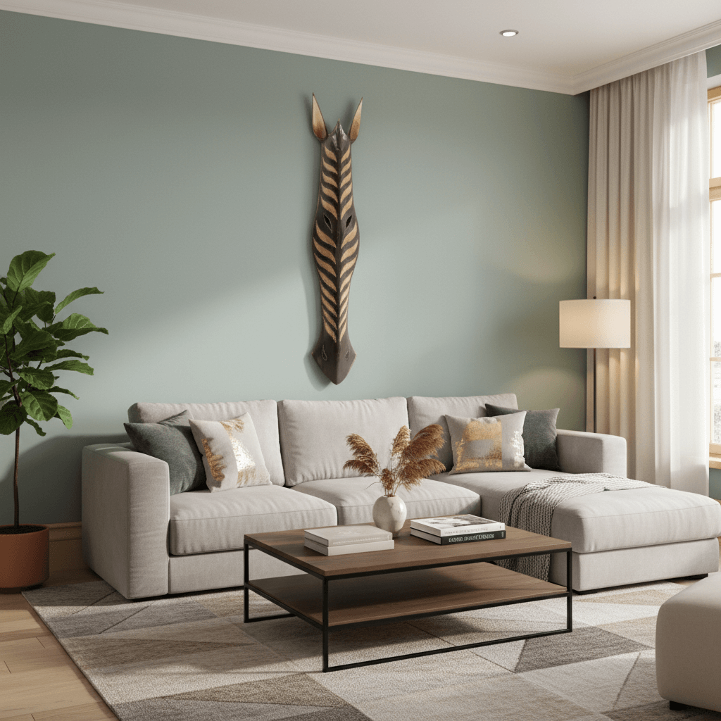 Wooden zebra head wall decoration on a light blue wall with a plant to the left.