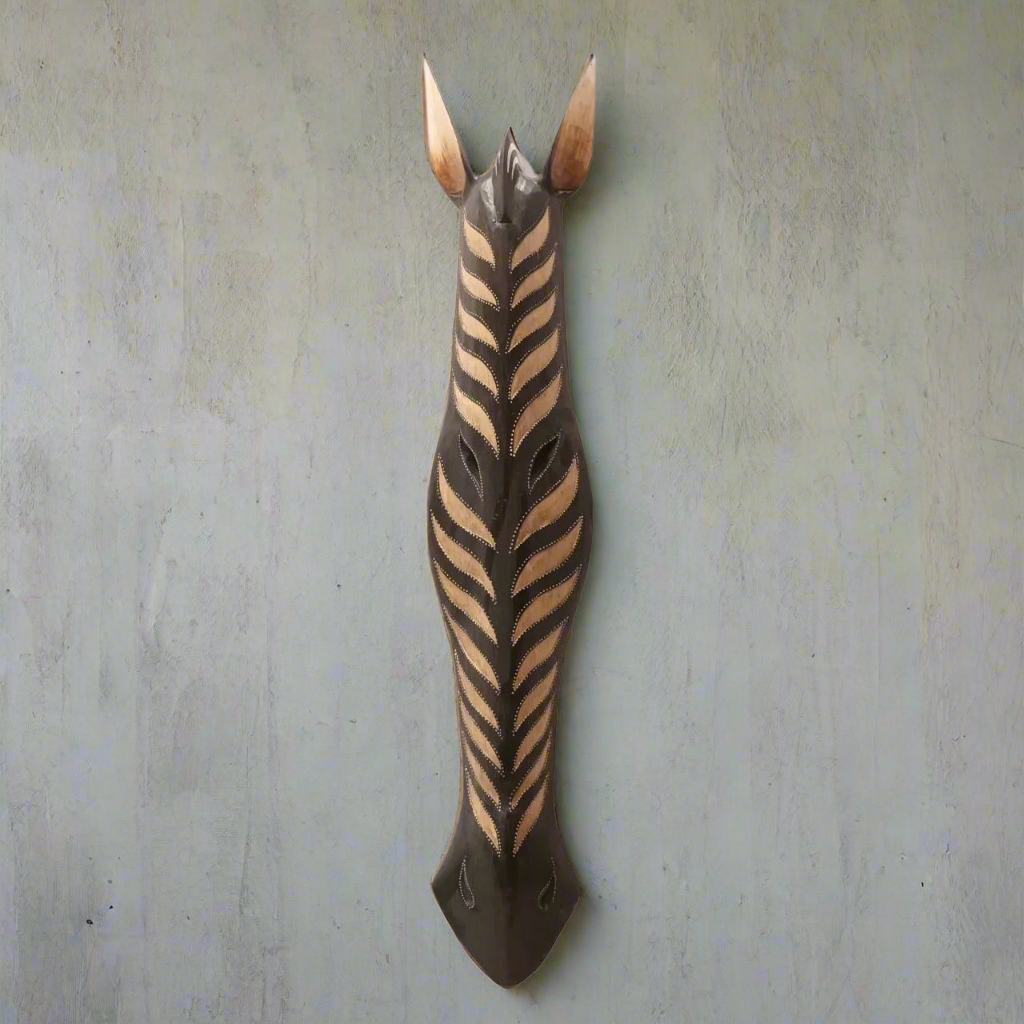 Rustic Hand-Carved Zebra Mask with Natural Wood Tones