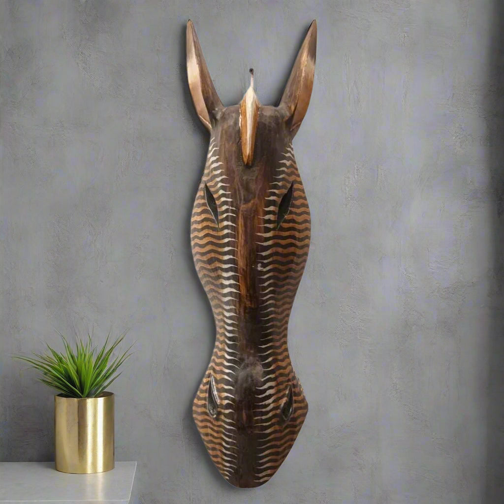 Earthy Toned Hand-Carved Zebra Mask with Wavy Stripes