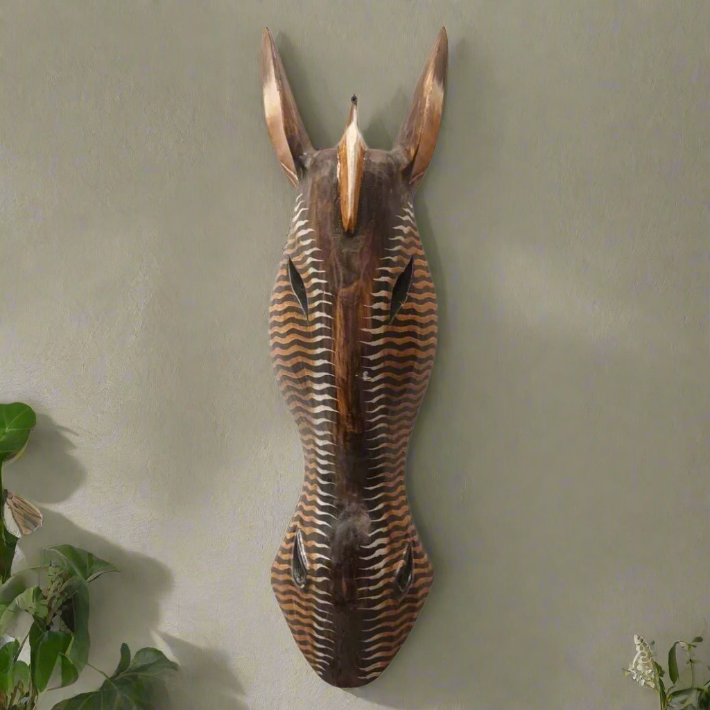 Earthy Toned Hand-Carved Zebra Mask with Wavy Stripes