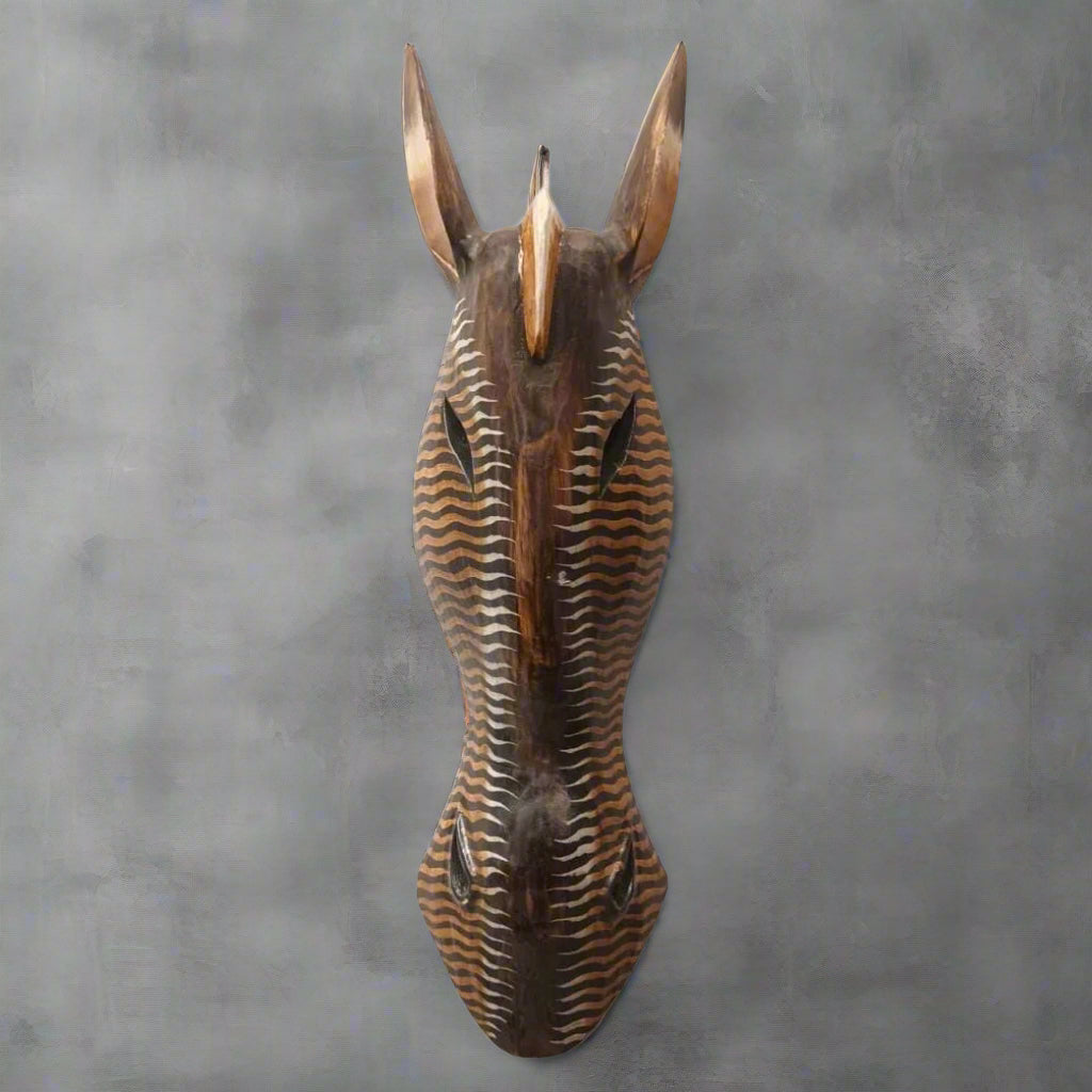 Earthy Toned Hand-Carved Zebra Mask with Wavy Stripes