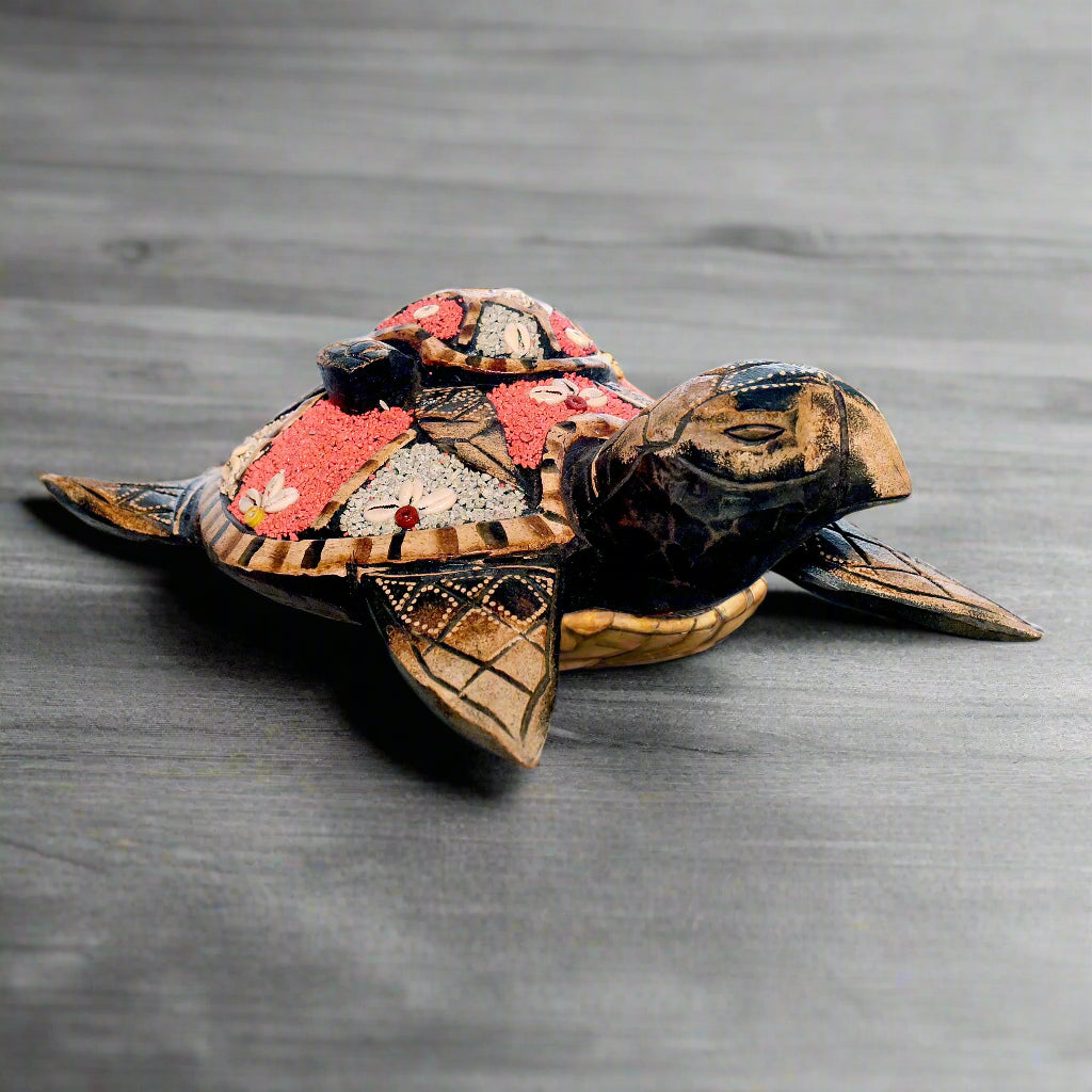 Mosaic Shell Wonder: Hand-Carved Wooden Turtle with Inlay (Small)