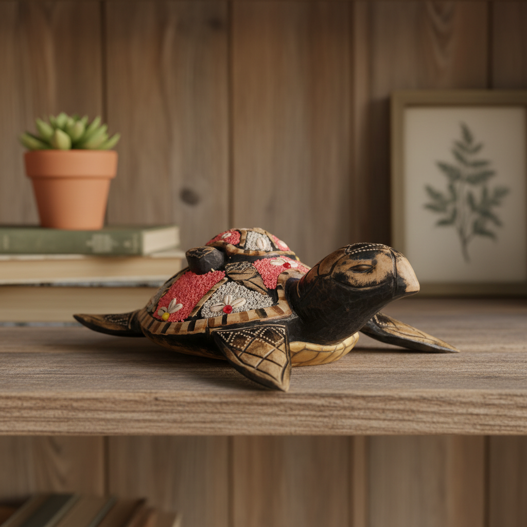 Decorative turtle sculpture on a wooden surface