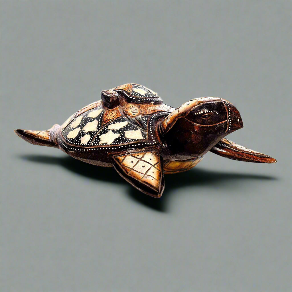 Artisanal Wood Turtle: Hand-Carved Decor with Intricate Shell Inlay