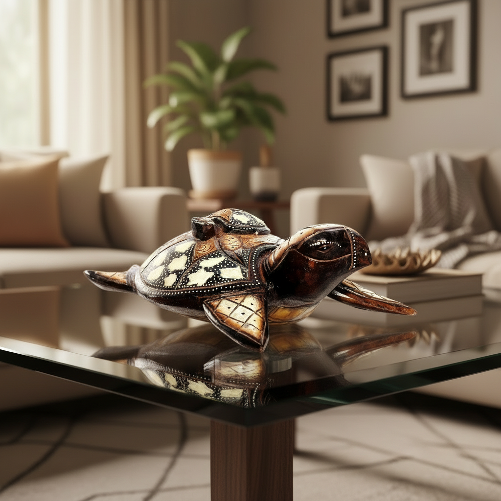 Decorative turtle figurine on a gray background