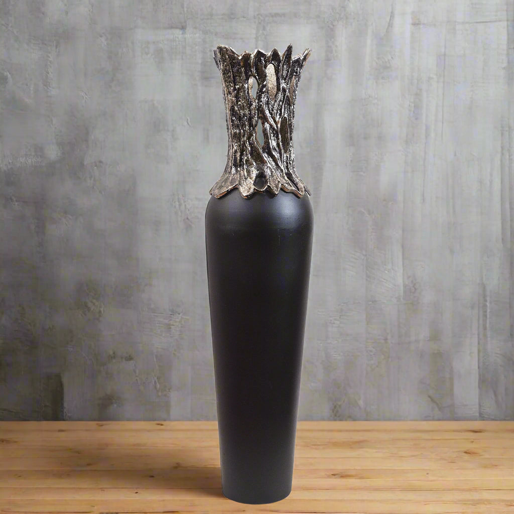 Gnarled Majesty: Luxury Modern Torpedo Floor Vase with Textured Metallic Crown (Large)