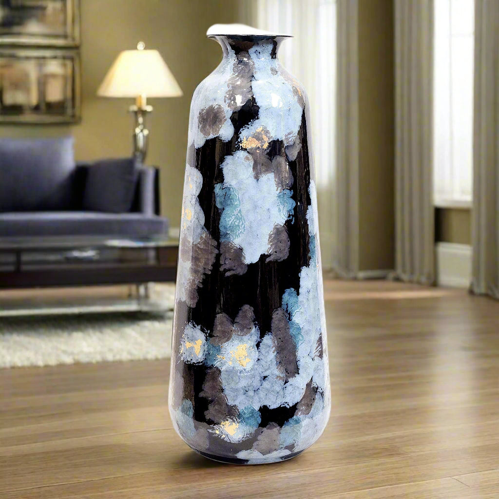 Celestial Bloom: Modern Abstract Torpedo Floor Vase with Gold Leaf Accents