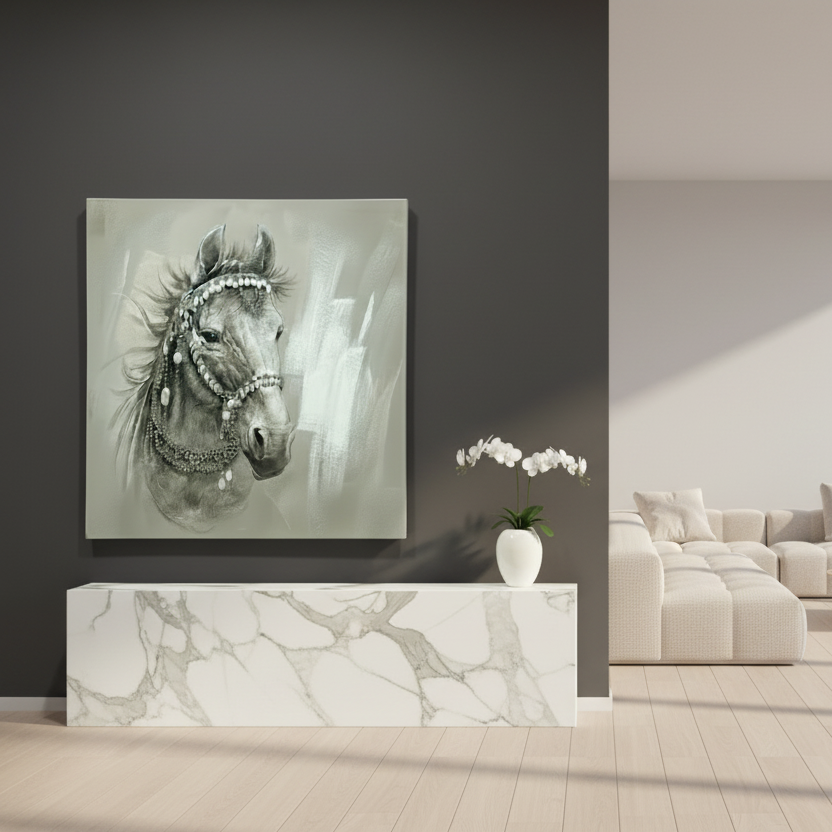 Canvas print of a horse's head with decorative elements on a dark wall above a white marble surface.