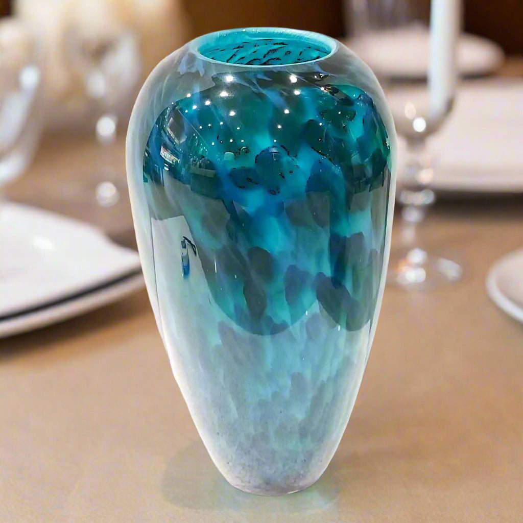 Oceanic Depth: Hand-Blown Art Glass Vase in Teal and Blue