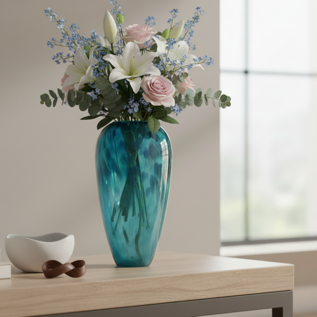 Blue vase with flowers on a table in a room