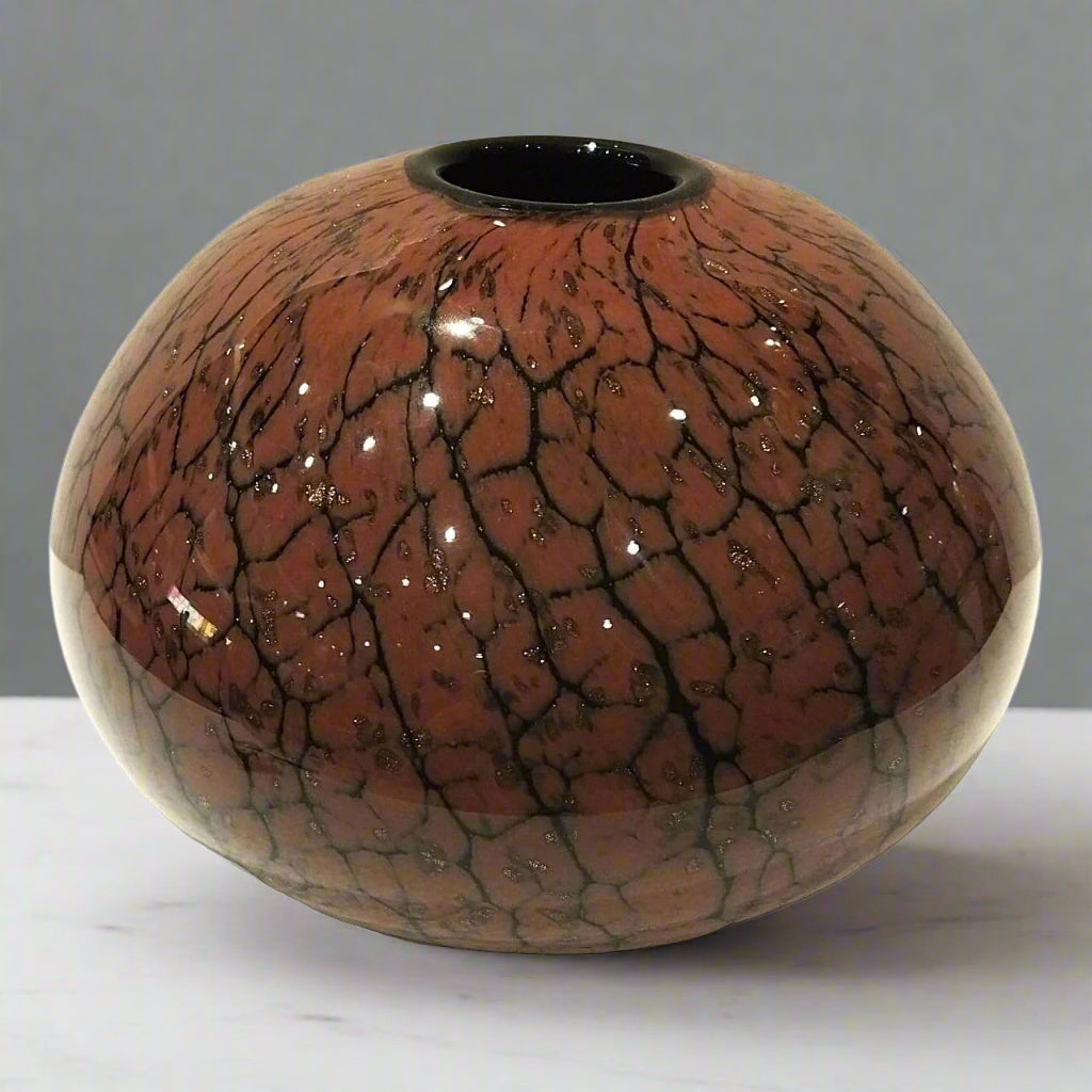 Earthen Radiance: Luxury Globular Vase with Organic Crackle & Gold Fleck Finish