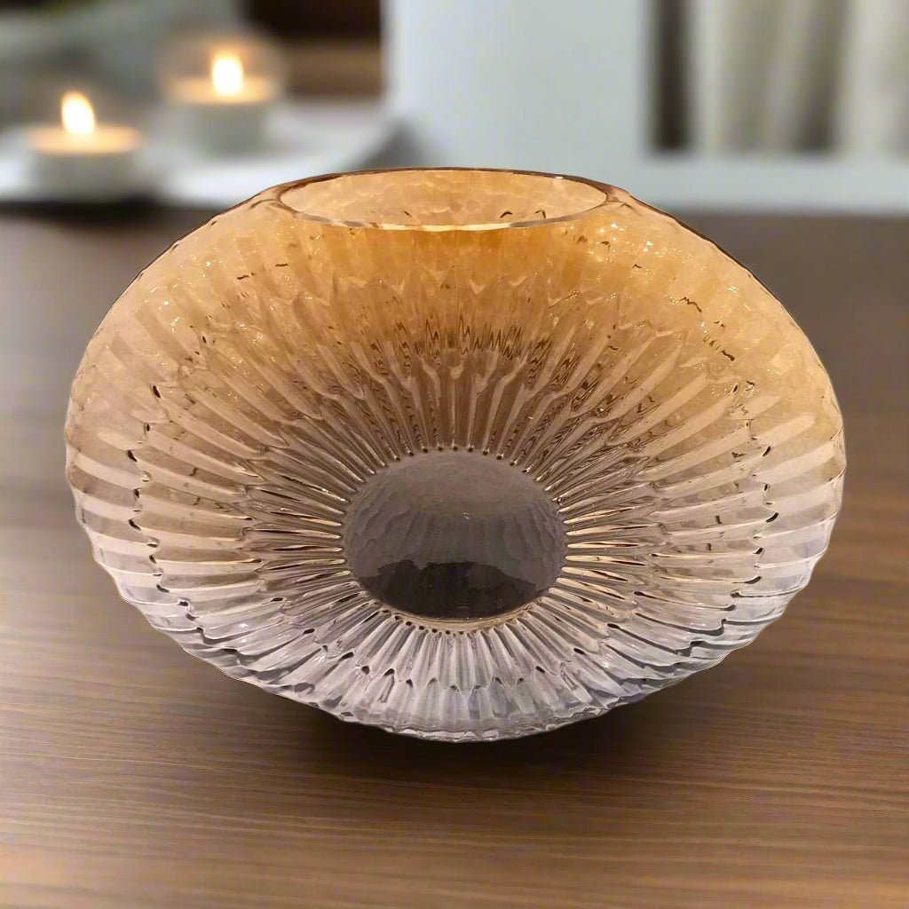 Golden Horizon: Ribbed Art Glass Orb with Ombre Radiance