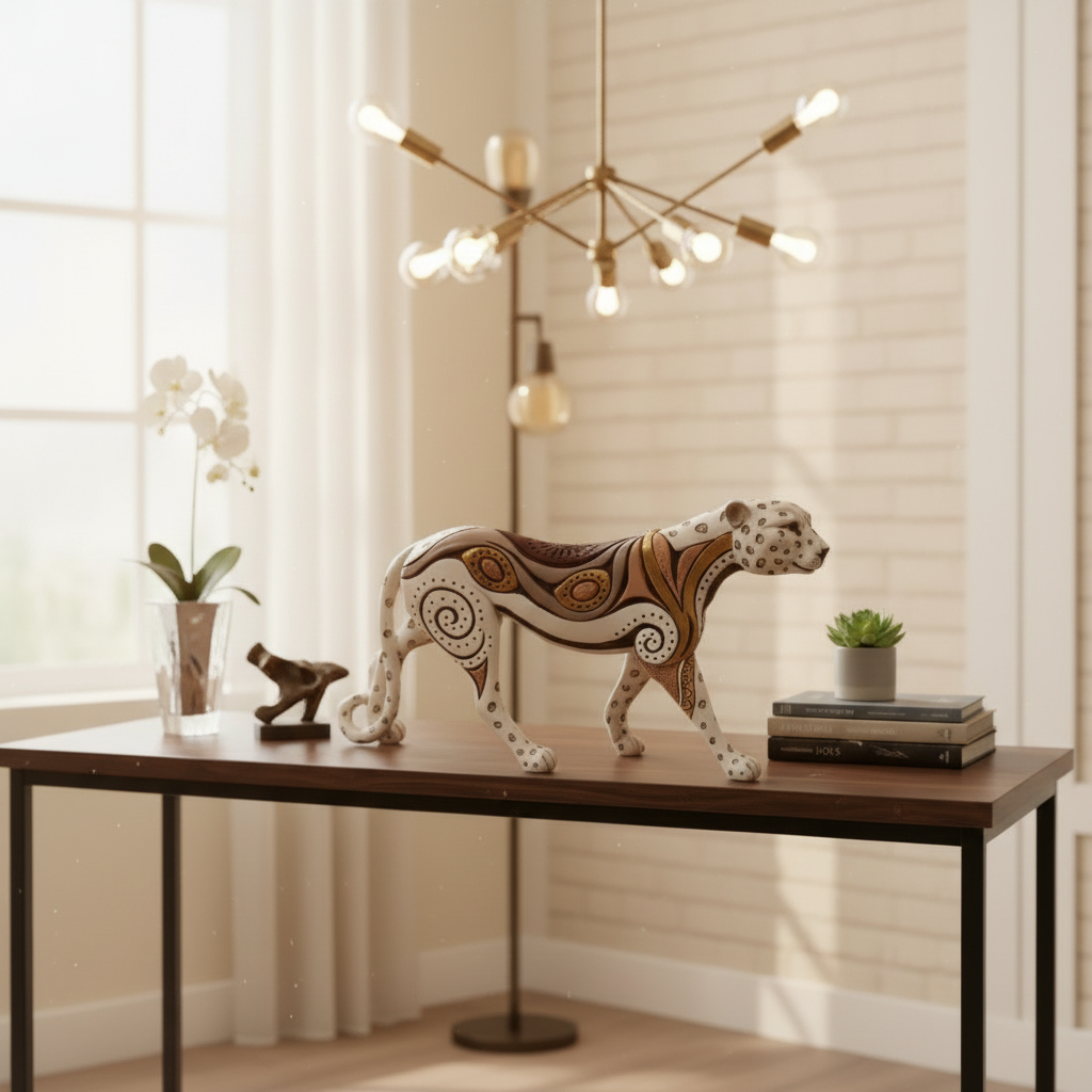 Decorative animal sculpture on a table with a blurred indoor background