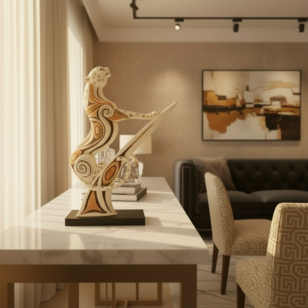 Decorative sculpture on a table in a stylish living room