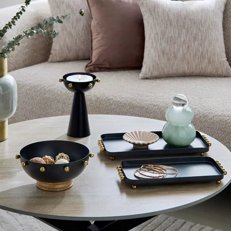 Orbit Matte Black & Brass Serving Tray with Beads