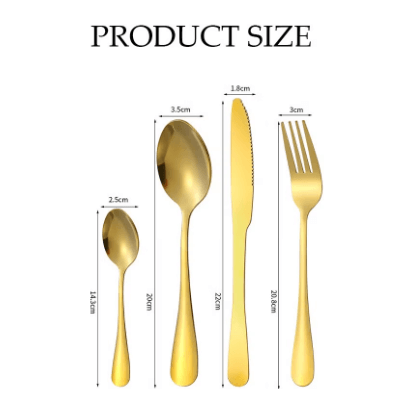 Gold cutlery set with measurements on a white background