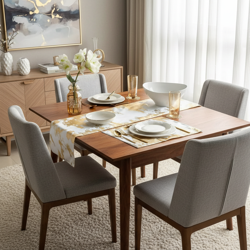 Dining room with a wooden table set for a meal, featuring gray chairs and decorative elements.