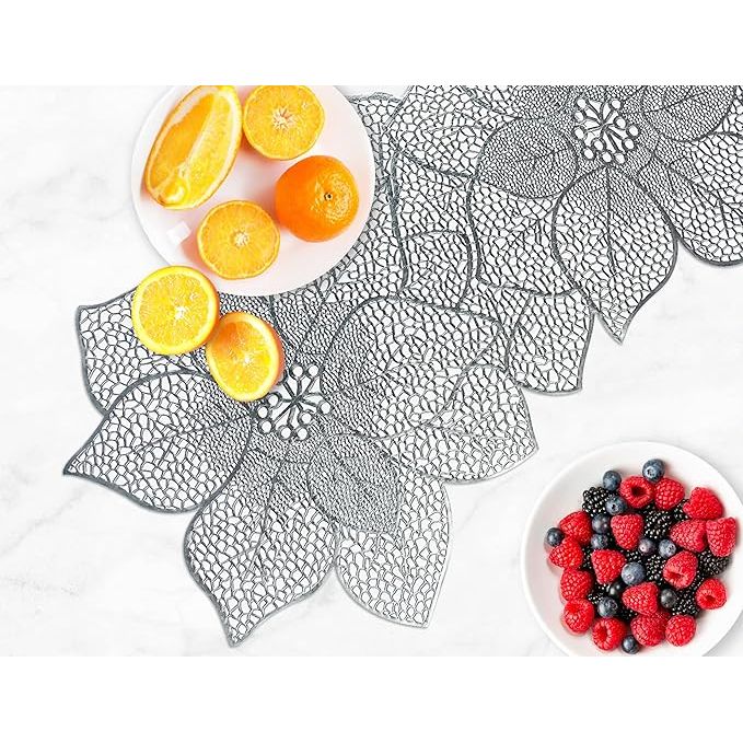 Elegant Silver PVC Floral Cutout Table Runner – Decorative Hollow Lace Design for Modern Dining