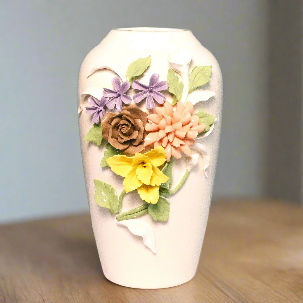 Everlasting Bloom: Hand-Applied Floral Ceramic Vase