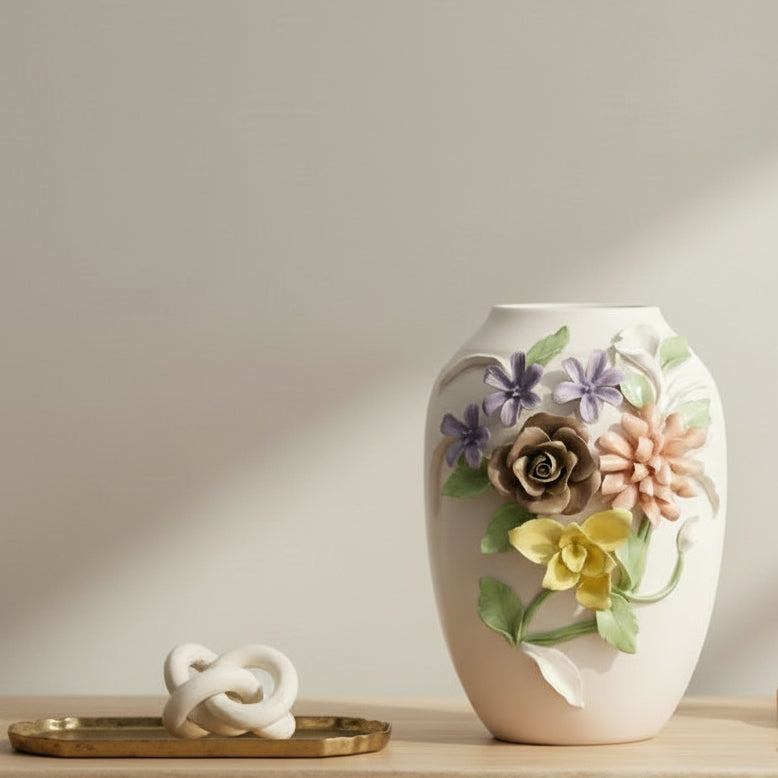 Decorative vase with floral designs on a blurred background